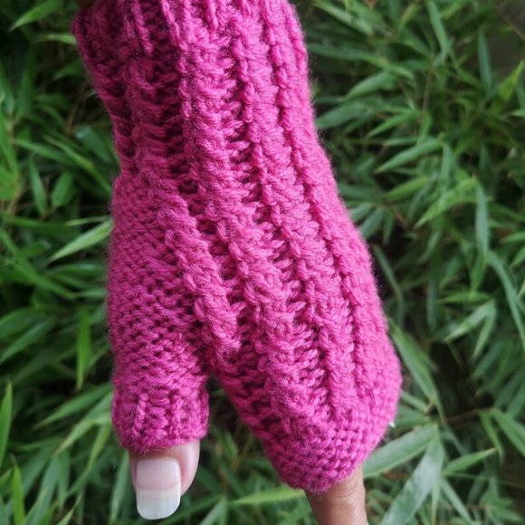 Candy Pink HandKnit Fingerless Texting Gloves Mittens Glovelet Rose Bonbon - Picture 12 of 12